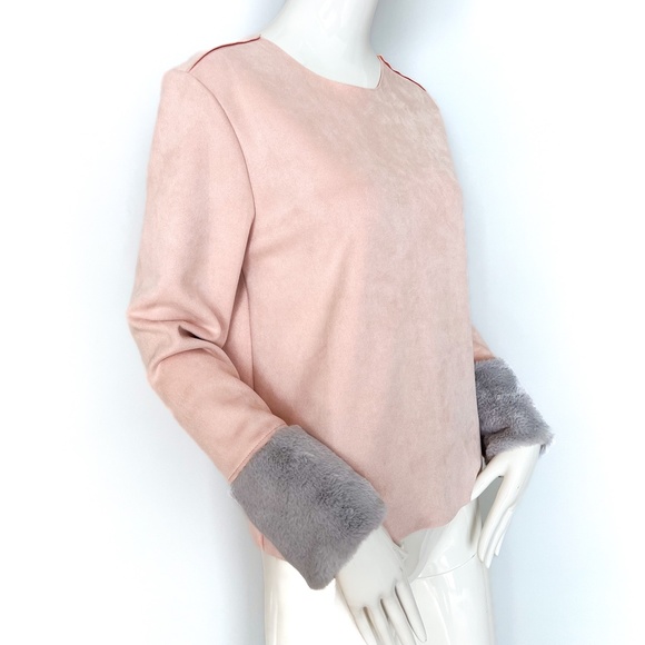NWT | Zara Faux Suede Top Faux Fur Sleeve Trim Light Pink Grey Gray Pullover M - Picture 13 of 13